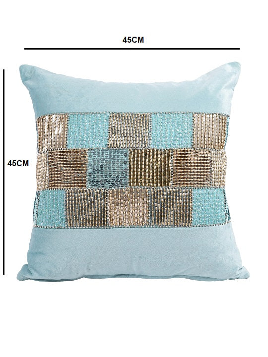 Set Of 2 Turquoise Blue & Gold-Toned Embellished Velvet Square Cushion Covers
