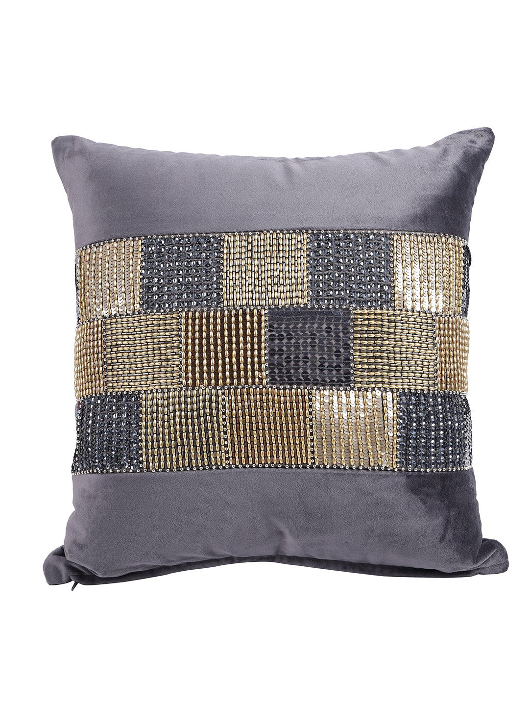 Grey & Gold-Toned Set of 2 Embellished Velvet Square Cushion Covers