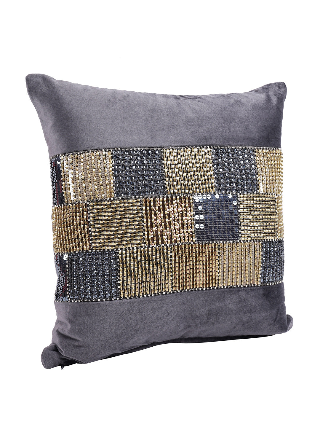 Grey & Gold-Toned Set of 2 Embellished Velvet Square Cushion Covers