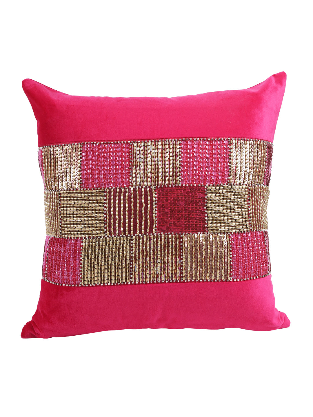Fuchsia & Gold-Toned Set of 2 Embroidered Velvet Square Cushion Covers