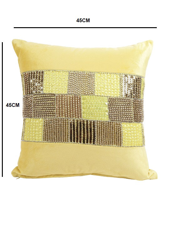 Set Of 2 Yellow & Brown Embellished Velvet Square Cushion Covers