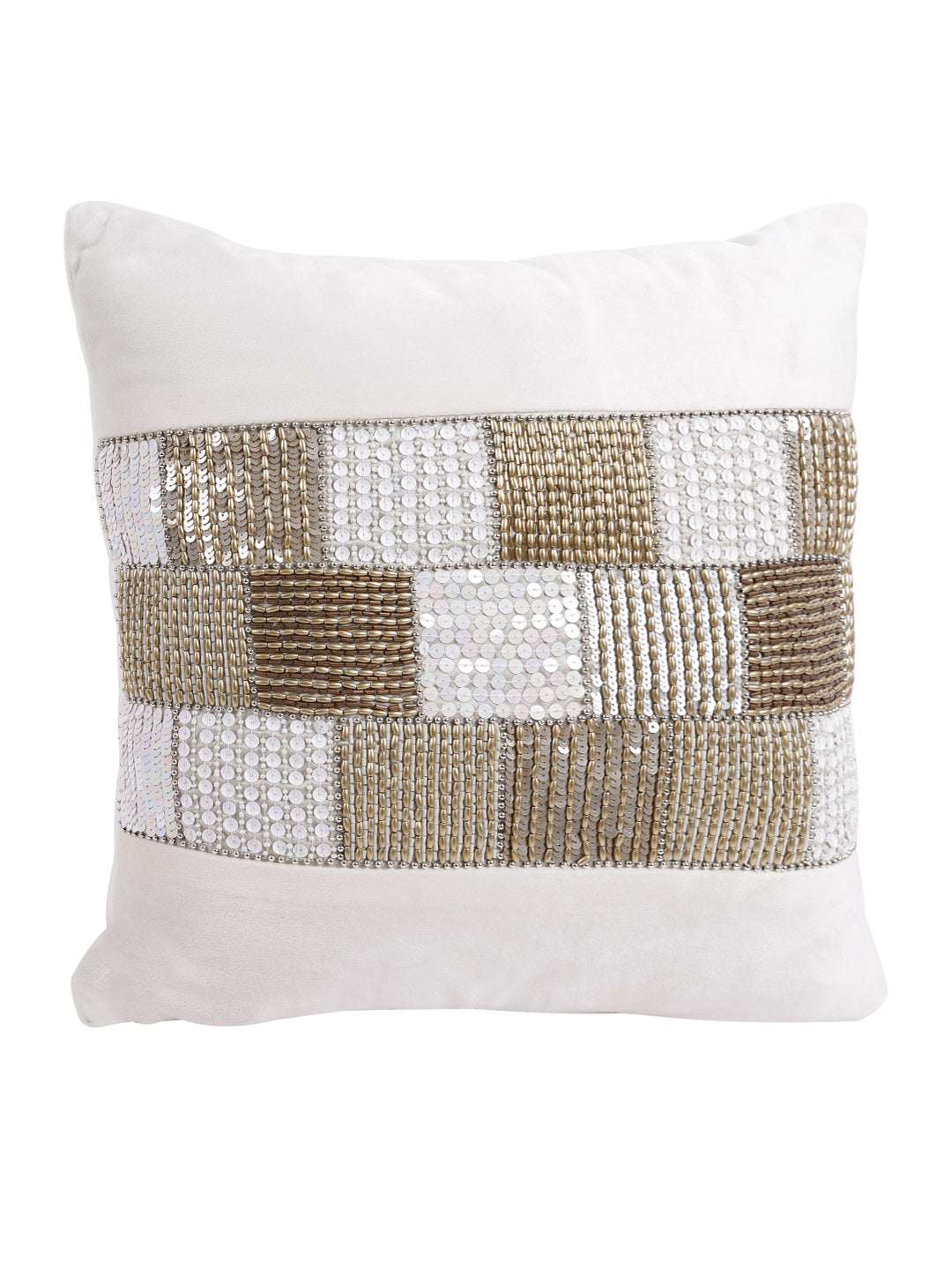 Set Of 2 White & Gold-Toned Embellished Velvet Square Cushion Covers