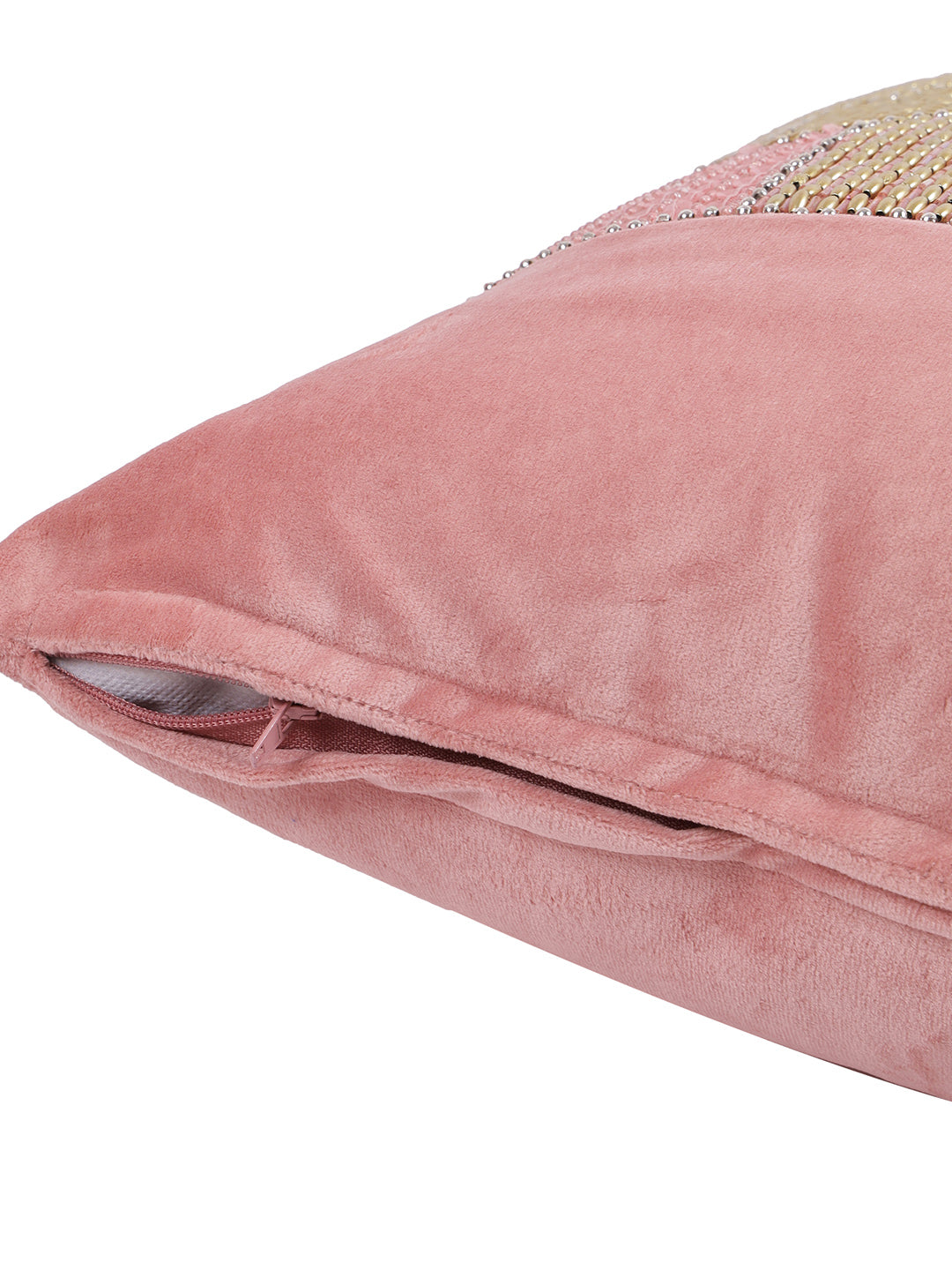Set Of 2 Peach-coloured & Gold-Toned Embellished Velvet Square Cushion Covers