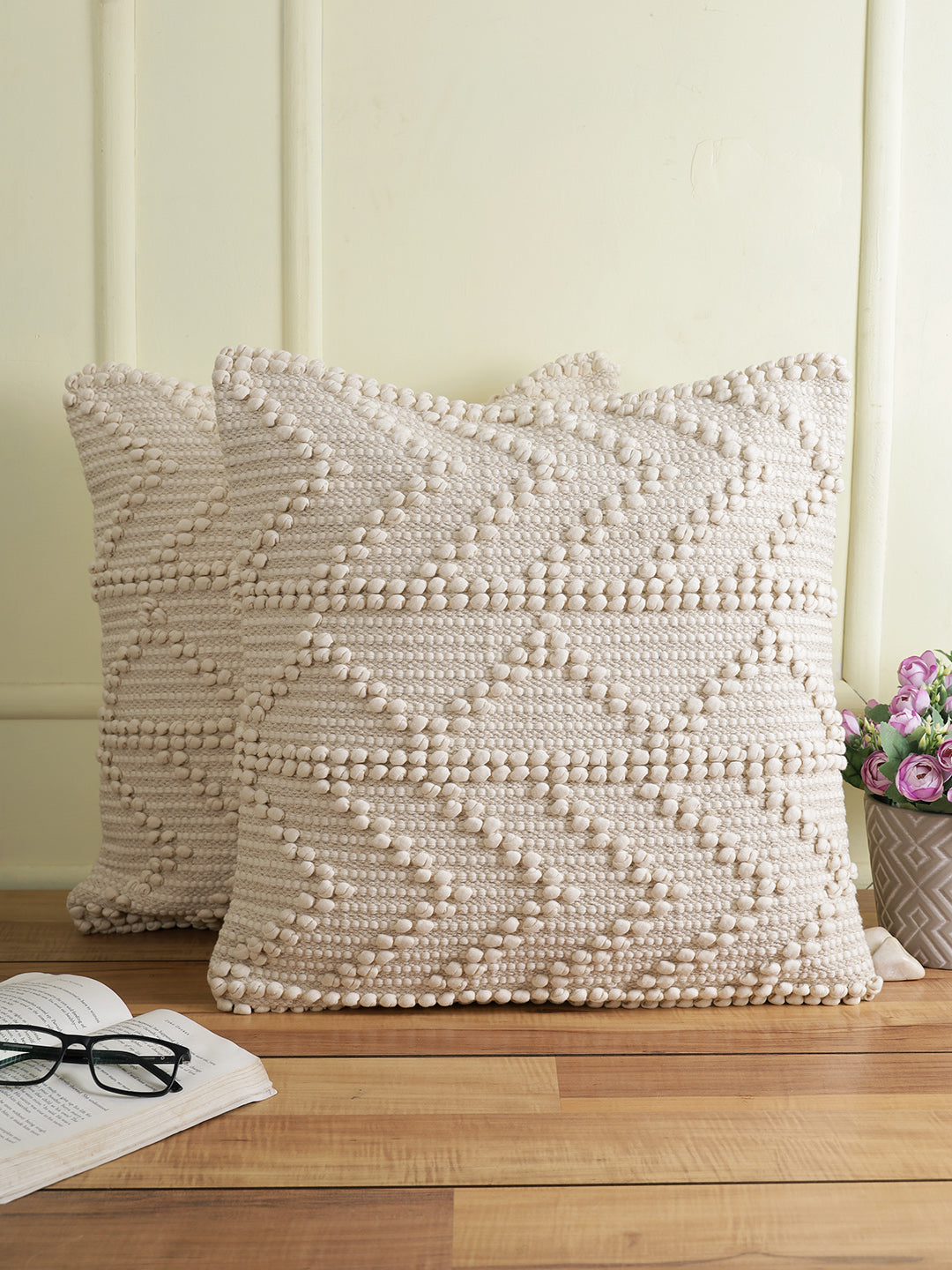 Off White Set of 2 Self Design Square Cushion Covers