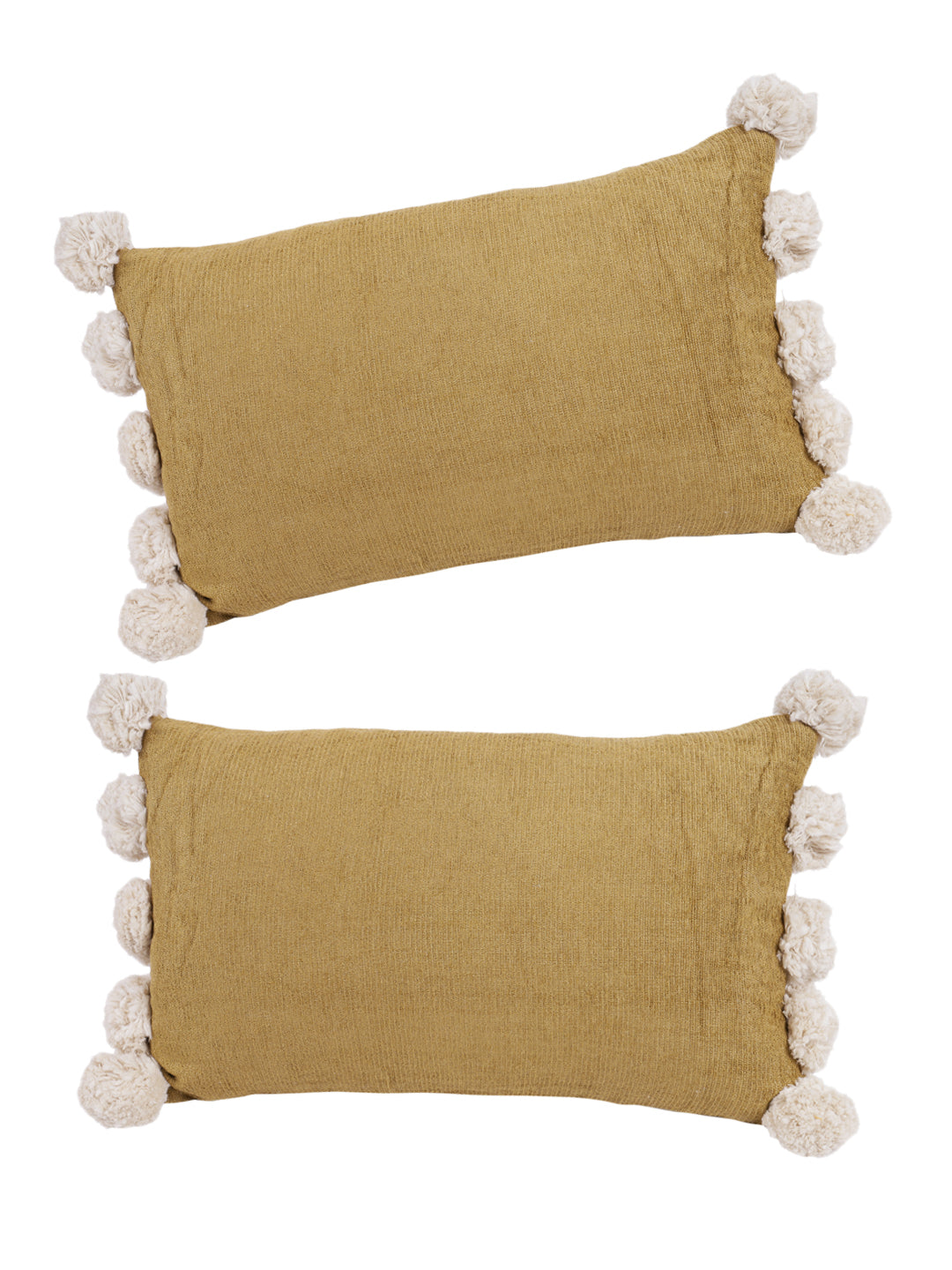 Set Of 2 Mustard Color 12X20 Chenille Cushion Cover with Pom Pom