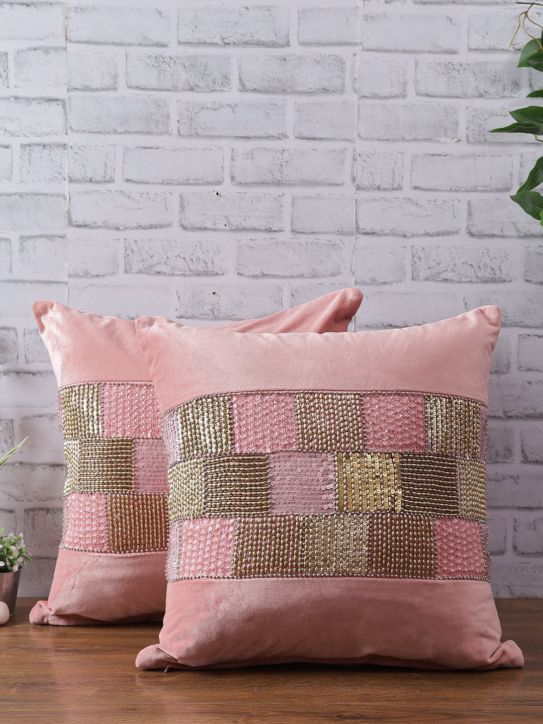 Set Of 2 Peach-coloured & Gold-Toned Embellished Velvet Square Cushion Covers