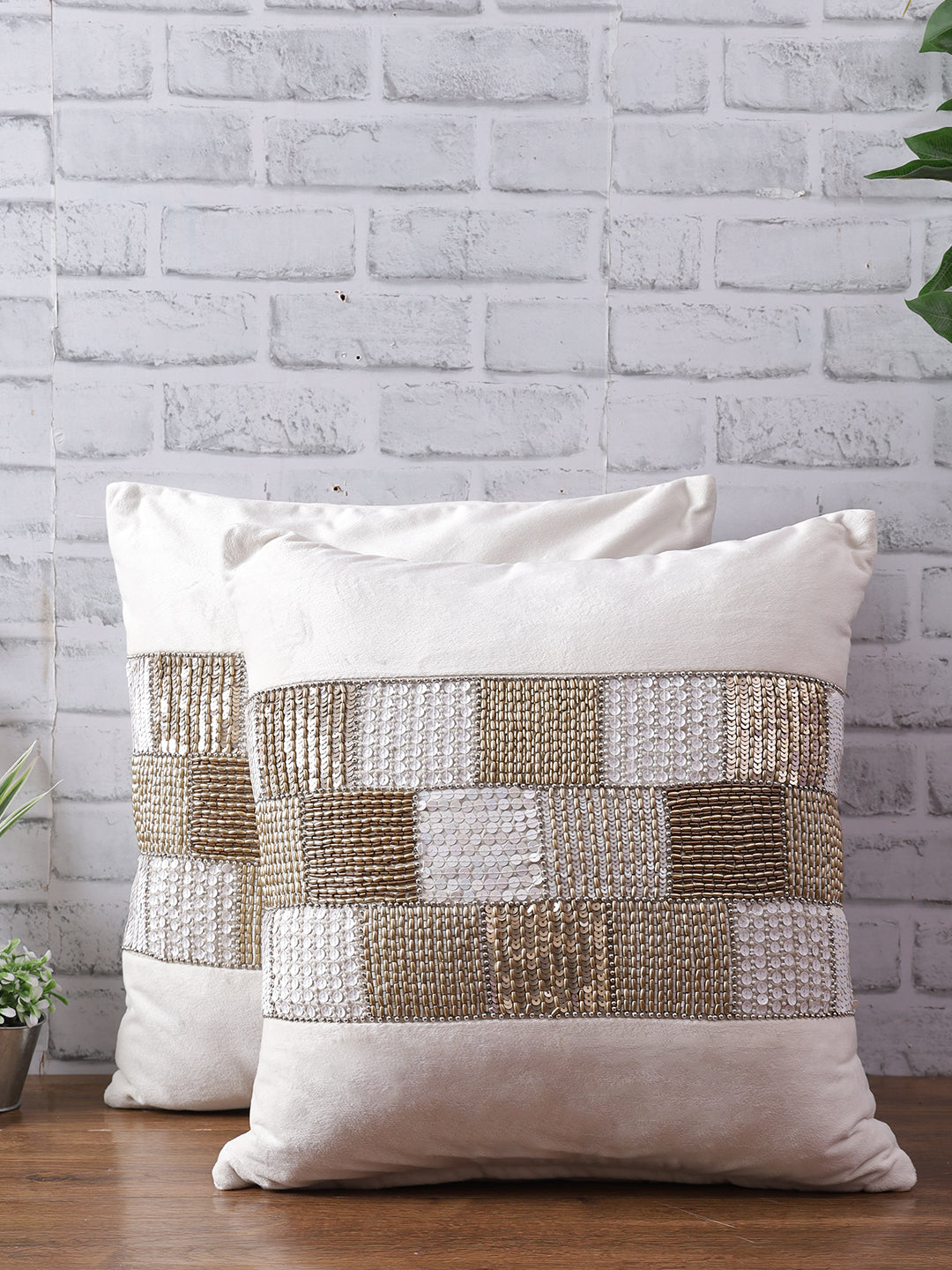 Set Of 2 White & Gold-Toned Embellished Velvet Square Cushion Covers