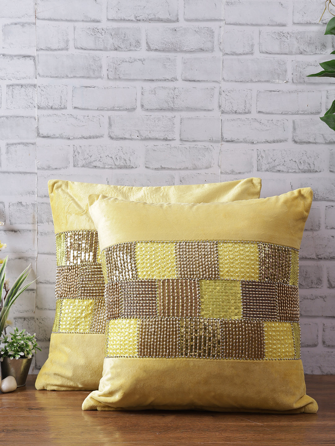 Set Of 2 Yellow & Brown Embellished Velvet Square Cushion Covers
