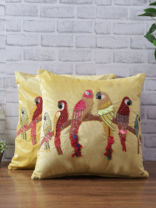 Yellow & Red Set of 2 Embellished Velvet Square Cushion Covers