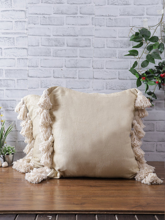 Set of 2 Beige Color Chenille Cushion Cover with Tassels