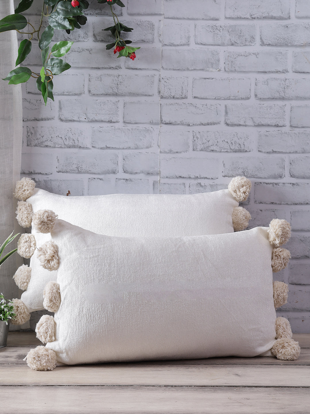 Set Of 2 White Color 12X20 Chenille Cushion Cover with Pom Pom