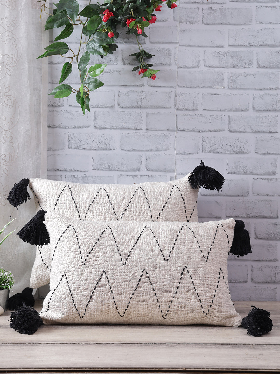 Set of 2 Ivory color Lumbar Cushion Cover with Tassels
