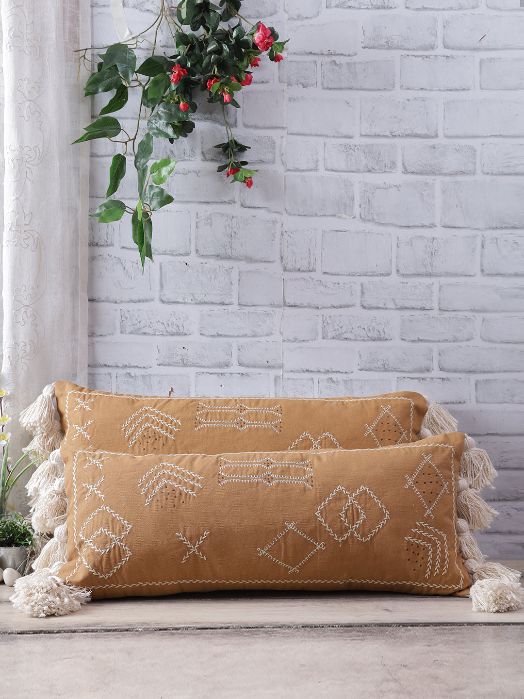 Set of 2 Mustard Color African Sabra Silk Inspired Cotton Pillow Cover