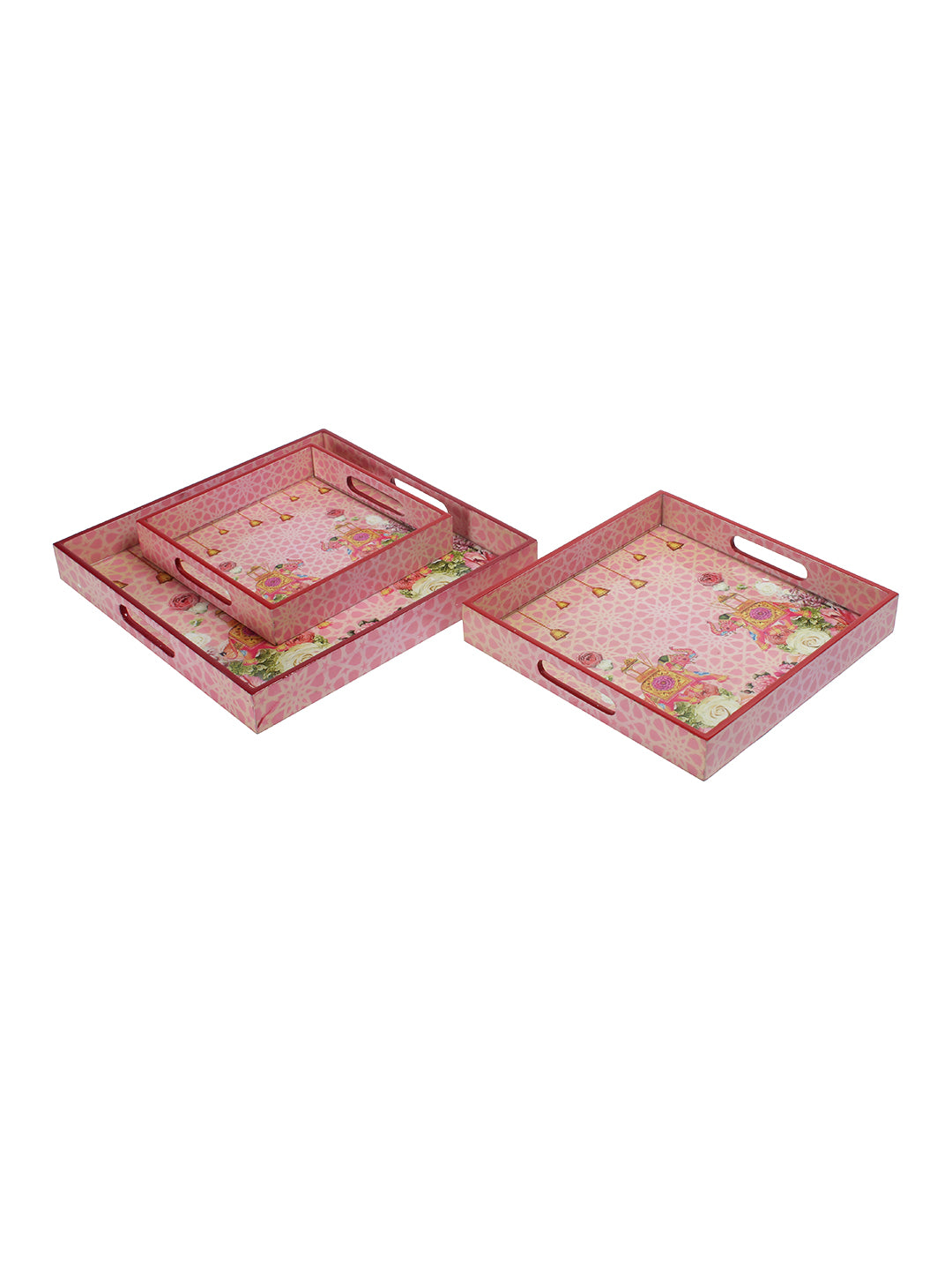 Set of 3 Pink Color Digital Printed Square Serving Tray