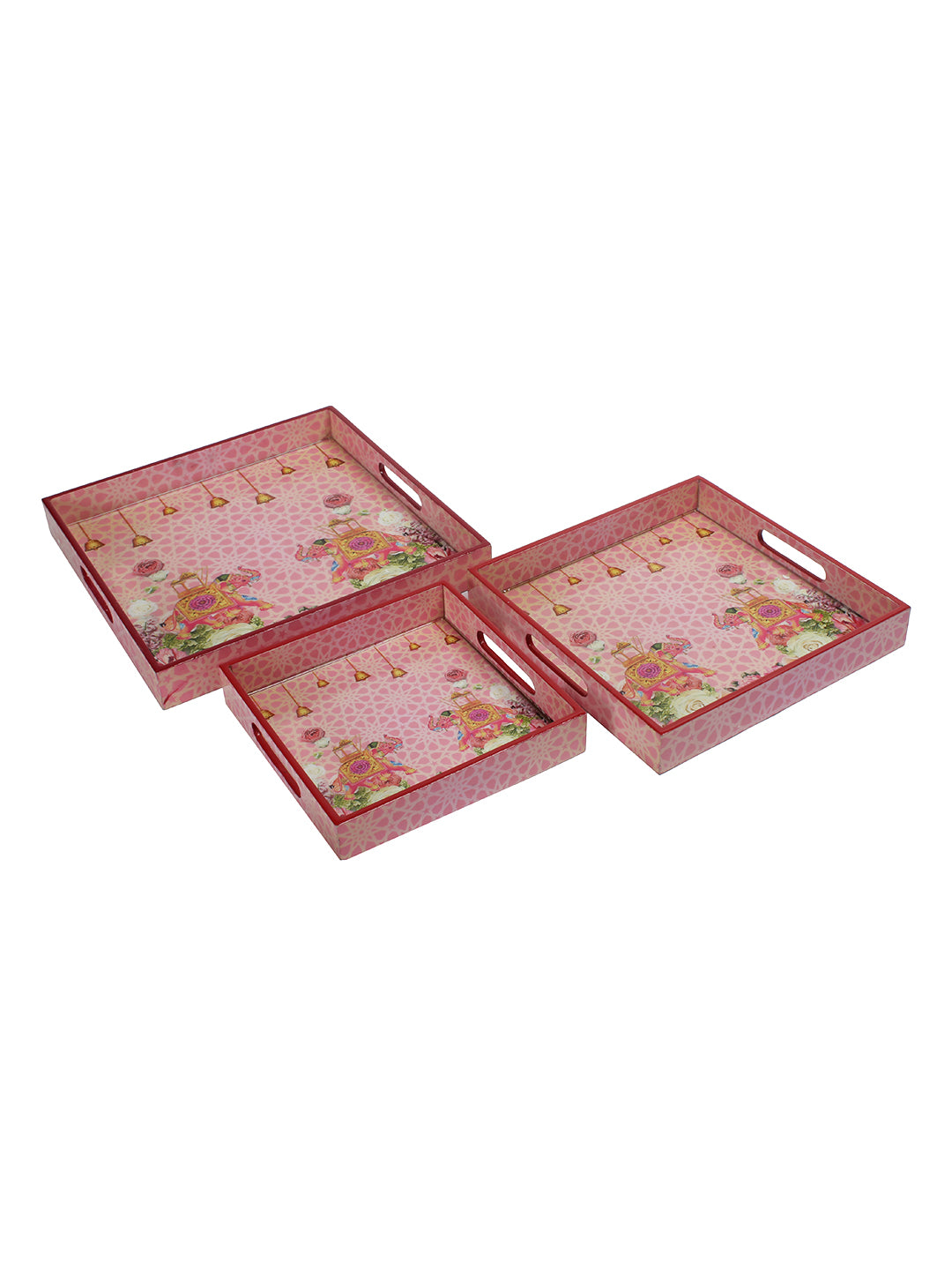 Set of 3 Pink Color Digital Printed Square Serving Tray