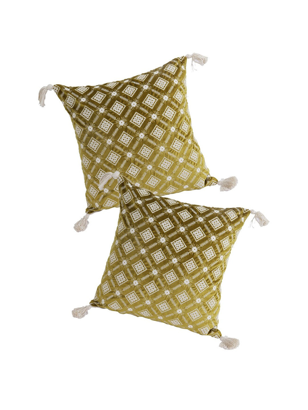 Olive Green & White Set of 2 Embroidered Velvet Square Cushion Covers