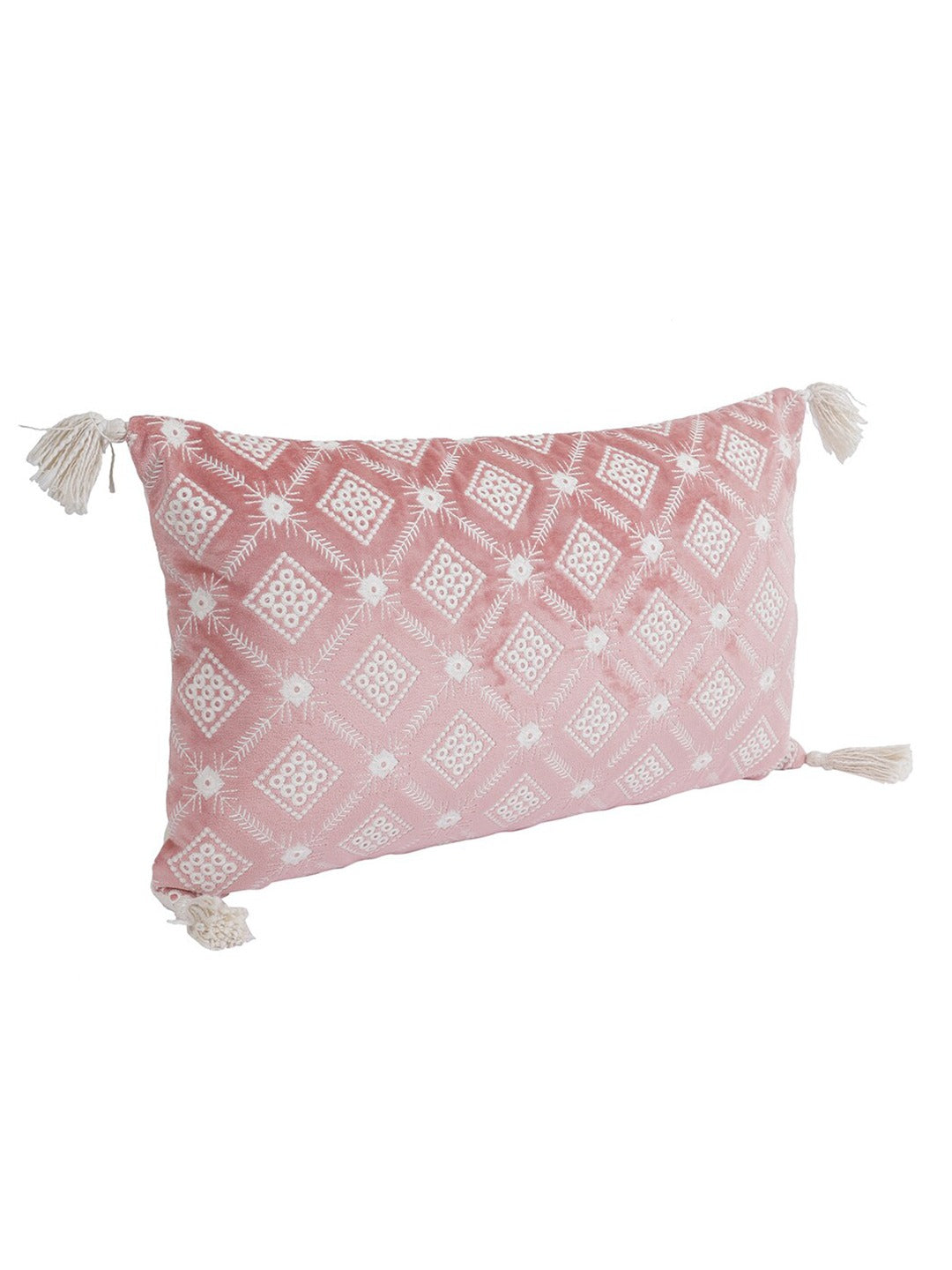 Pink & White Set of 2 Embroidered Velvet Rectangle Cushion Covers
