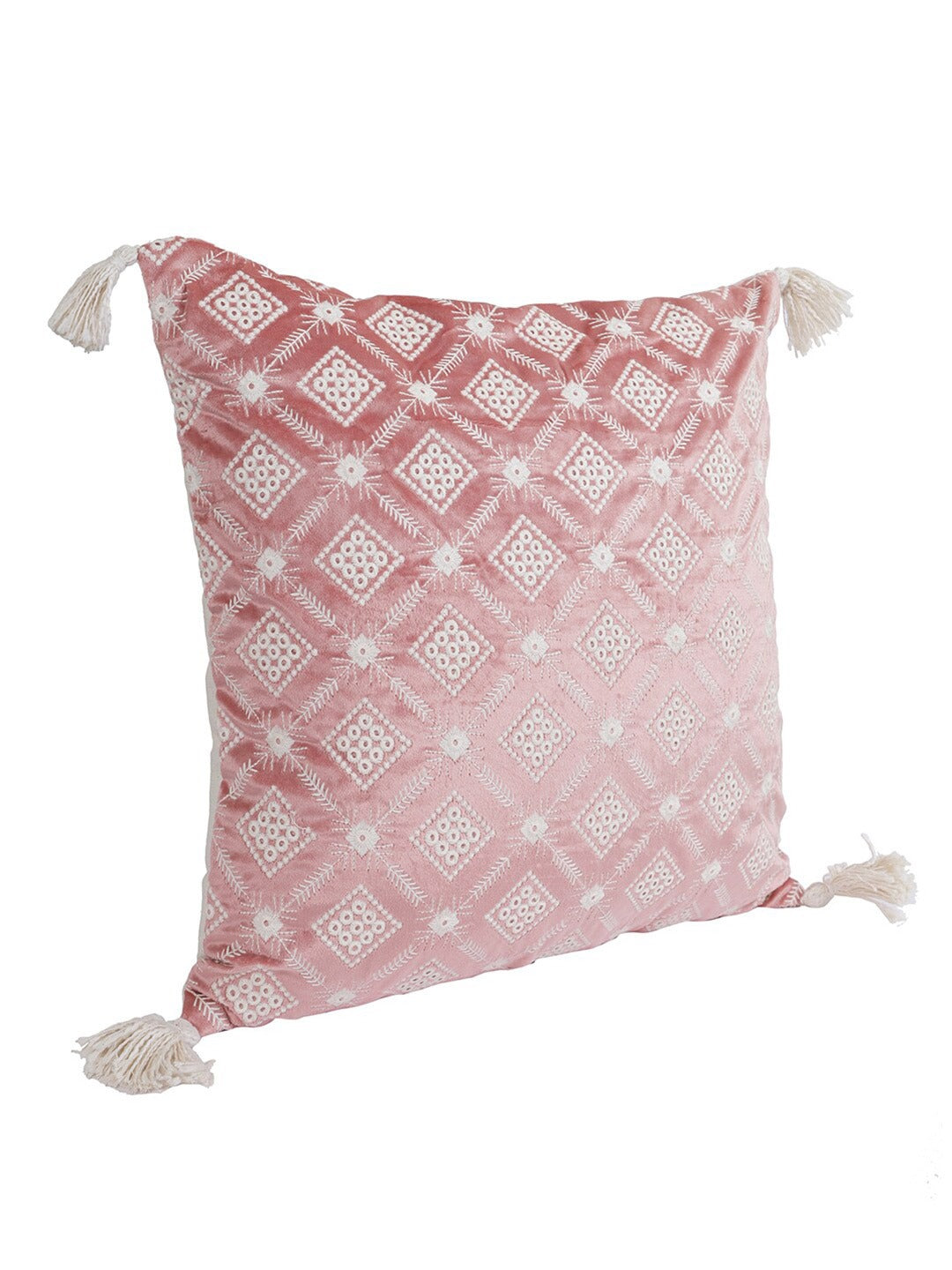 Pink & Off White Set of 2 Embroidered Velvet Square Cushion Covers