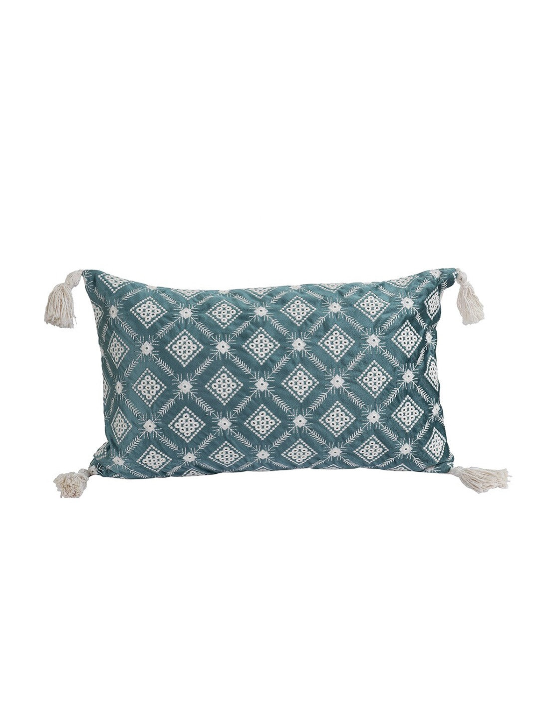 Set of 2 Teal & White Embroidered Velvet Rectangle Cushion Covers