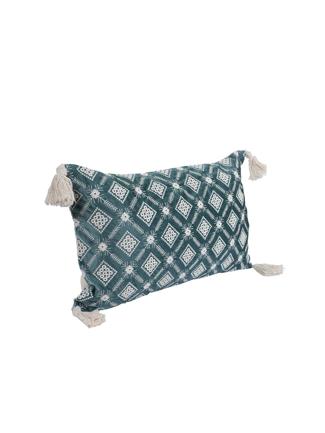 Set of 2 Teal & White Embroidered Velvet Rectangle Cushion Covers