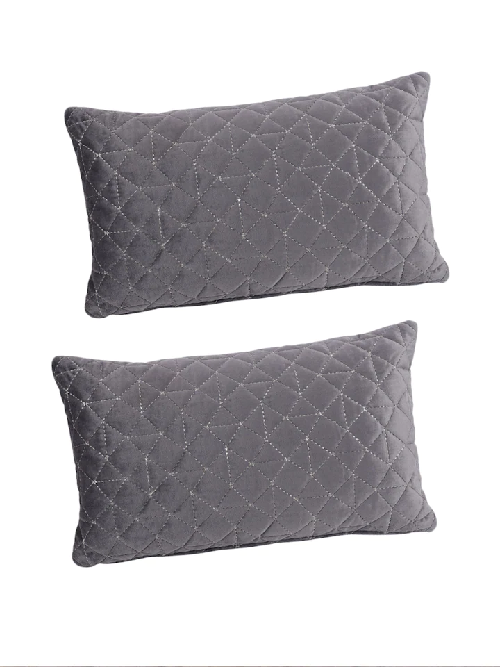 Set Of 2 Grey Velvet Quilted Rectangle Cushion Covers