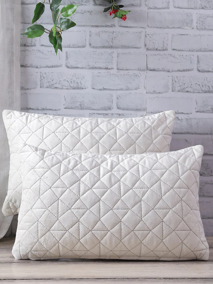 Set Of 2 Off White Velvet Quilted Rectangle Cushion Covers