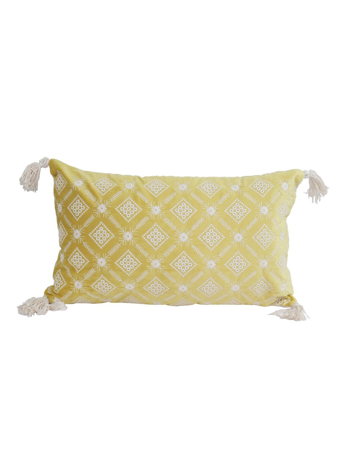 Yellow & White Set of 2 Embroidered Velvet Rectangle Cushion Covers