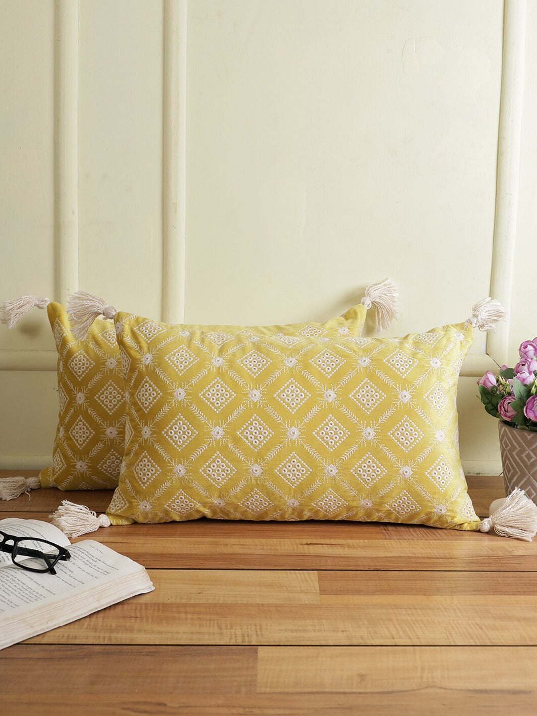 Yellow & White Set of 2 Embroidered Velvet Rectangle Cushion Covers