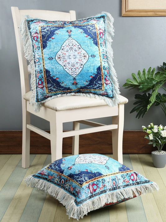 Blue Set of 2 Ethnic Motifs Square Cushion Covers
