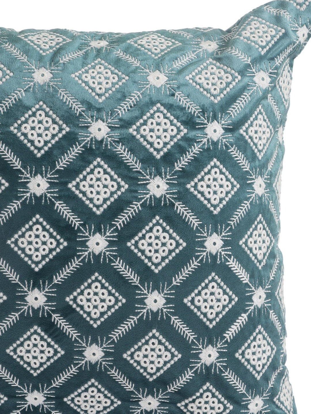 Teal Set of 2 Embroidered Velvet Square Cushion Covers