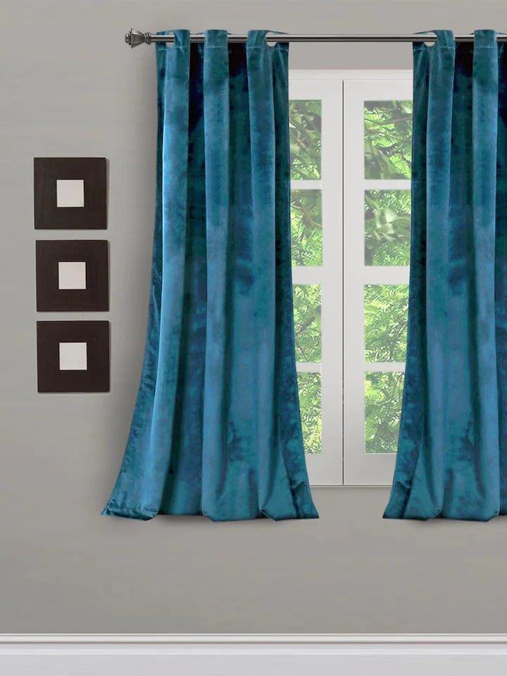 Teal Solid Sustainable Room Darkening Velvet Single Window Curtain